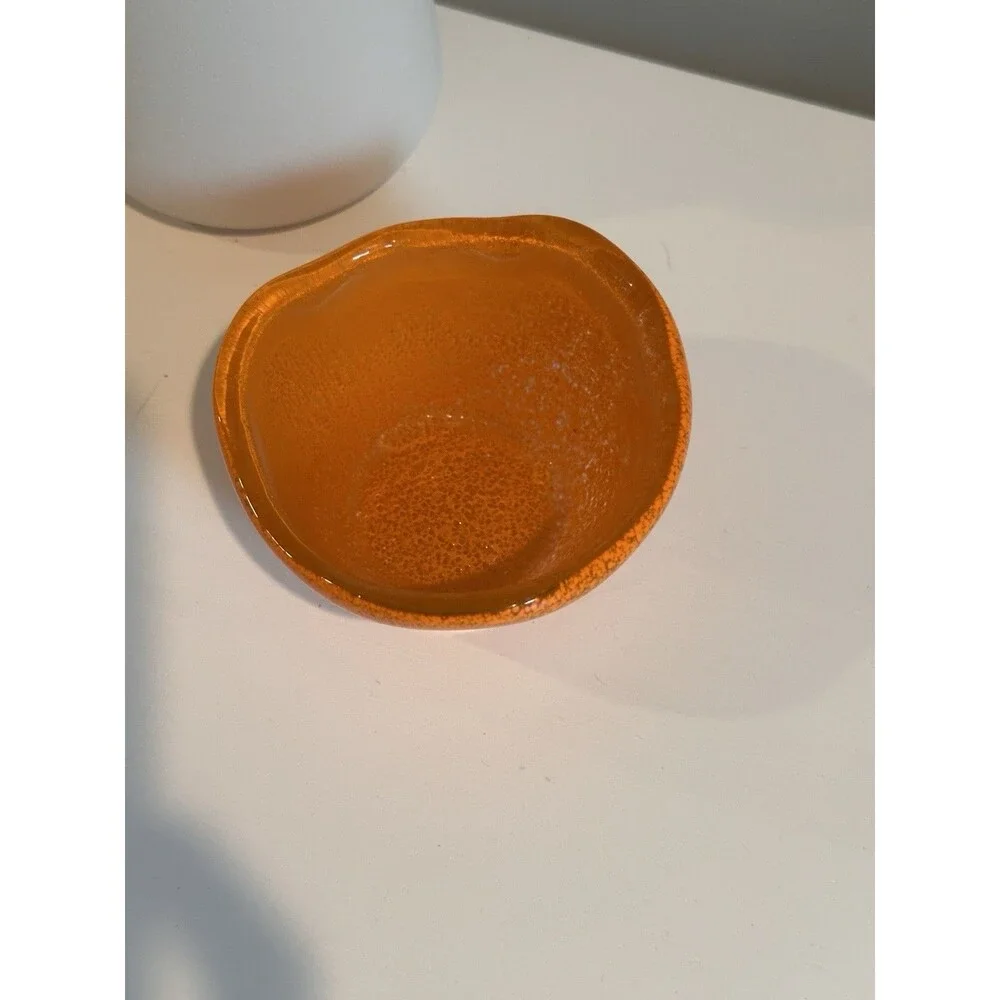 Mid Century Murano Style Orange Mottled Glass Mini Bowl Wavy Edge 3.5”